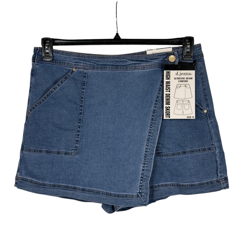 D. Jeans SZ 16 Denim Jean Skort Shorts High-Waisted Stretch Zip-Fly Pockets Blue